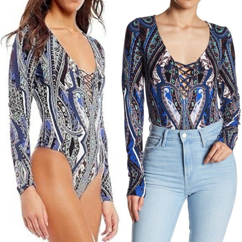 Free People NWT Pick A Place Long Sleeve Bodysuit Blue Combo Paisley Boho sz M